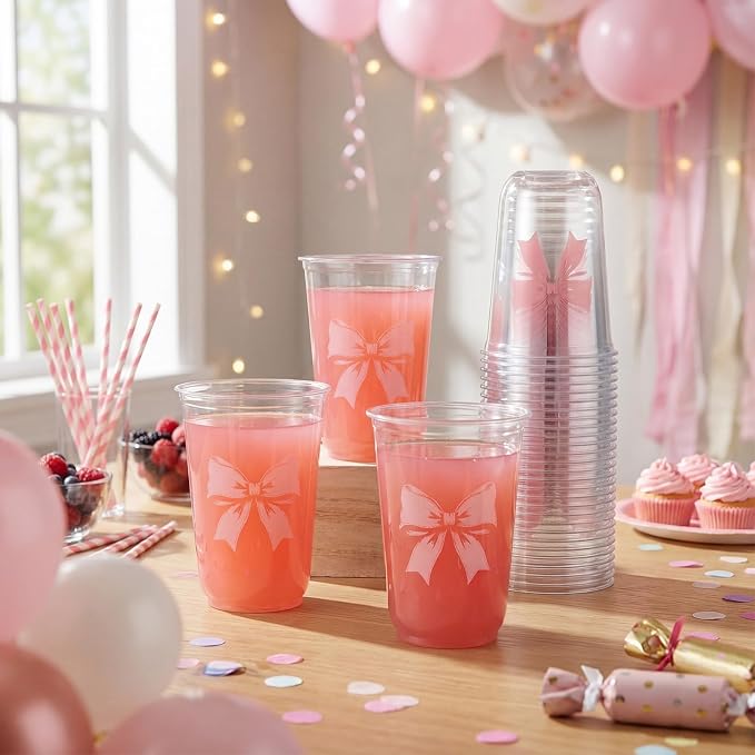 Ziliny 50 Pcs 16oz Pink Bow Cups Birthday Party Decorations Supplies Disposable Plastic Cups for Bachelorette Party Valentines Galentines Day Christmas Wedding Baby Shower