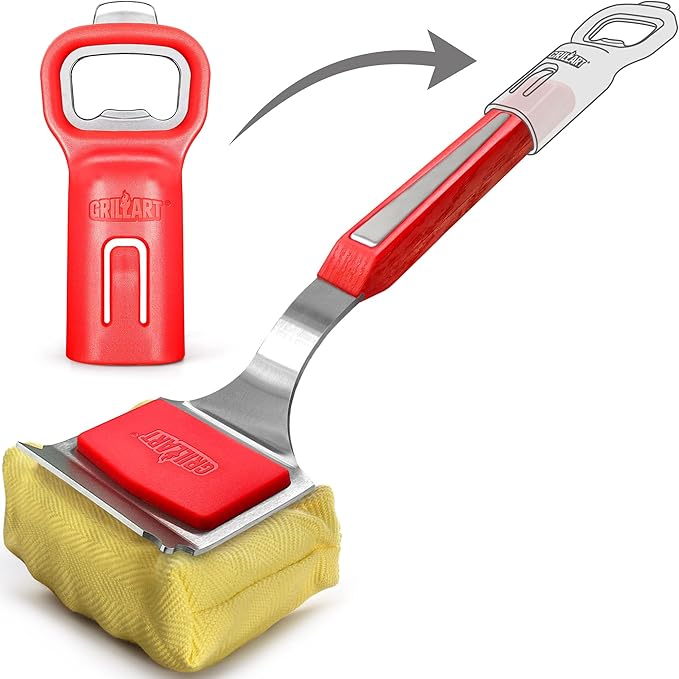 Bristle-Free Grill Brush with Water Soak Basin & Built-in Bottle Opener