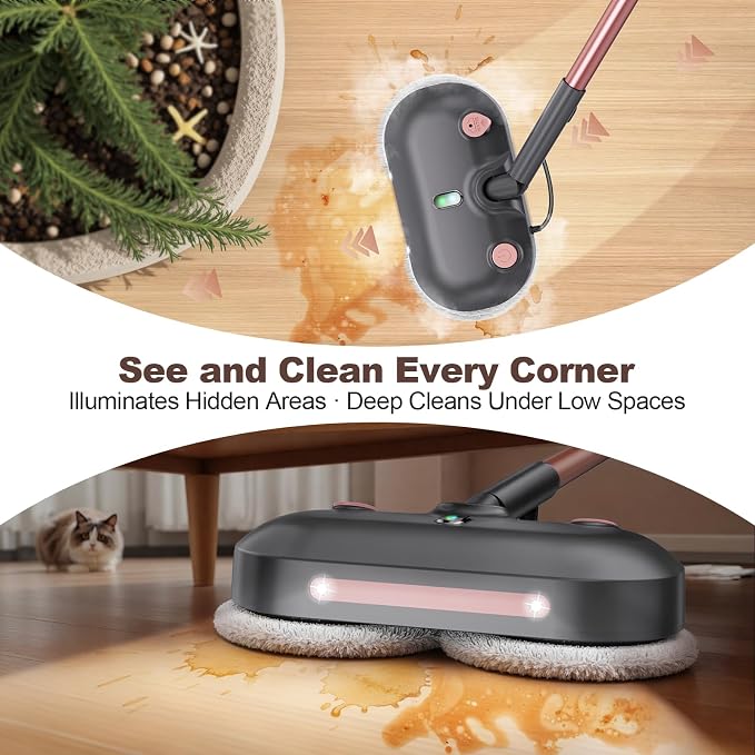 Scrubbing Steam Mop with Rotating Pads,All-in-One Spin Steam Cleaner for Floor Cleaning,Large Tank,23FT Cord, LED Headlights,Reusable Pads & Self-Standing,Safe for Hard Floor/Laminate/Marble