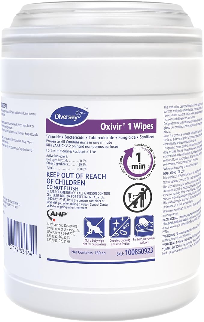 Oxivir Diversey 1 Disinfectant Wipes, AHP Hydrogen Peroxide Cleaner, Multi-Surface Cleaner for Home & Commercial Use, Small Wipes, 160 Count Canister