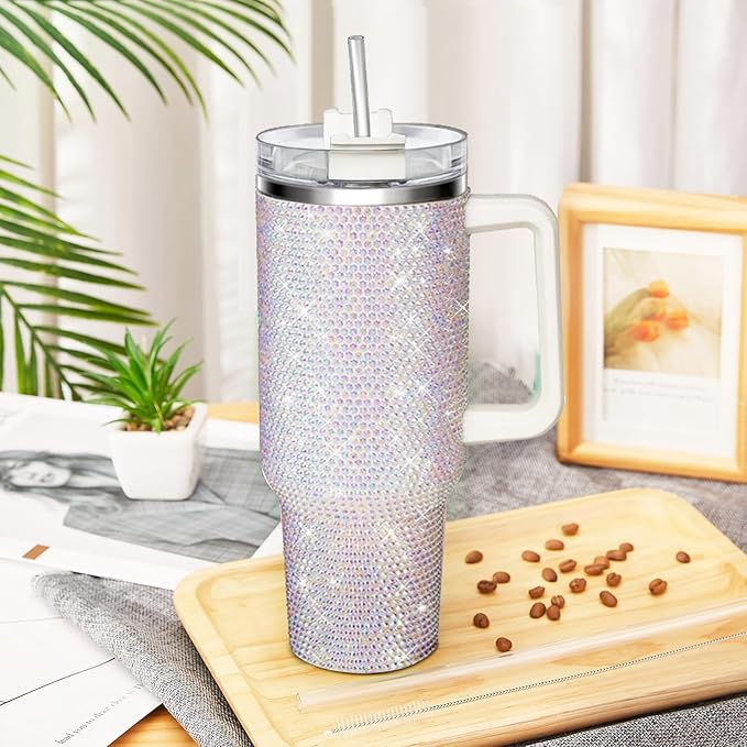 HWISDMIG 40oz Tumbler with Handle-Glitter Rhinestones Tumbler Bling Cups Stainless Steel Water Bottle Diamond Studded Tumbler for Women-Birthday Gifts for Women, Mom, Wife, Girlfriend (40 oz, White)
