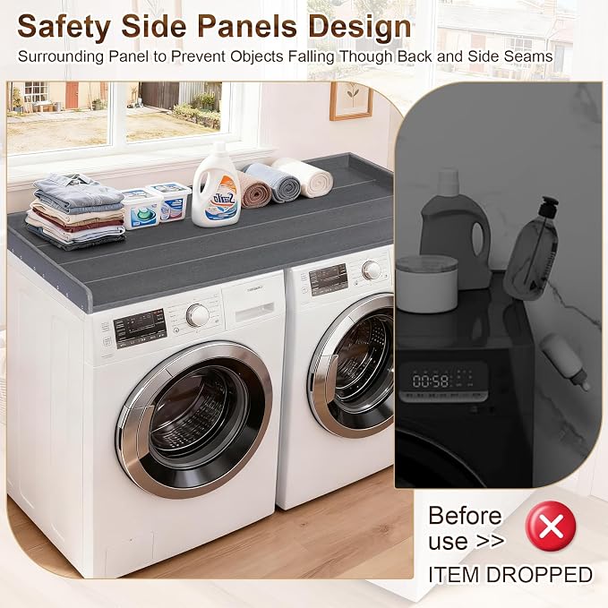 Washer Dryer Countertop, HDPE Laundry Countertop with Edge Rails, No-Installation-Grey