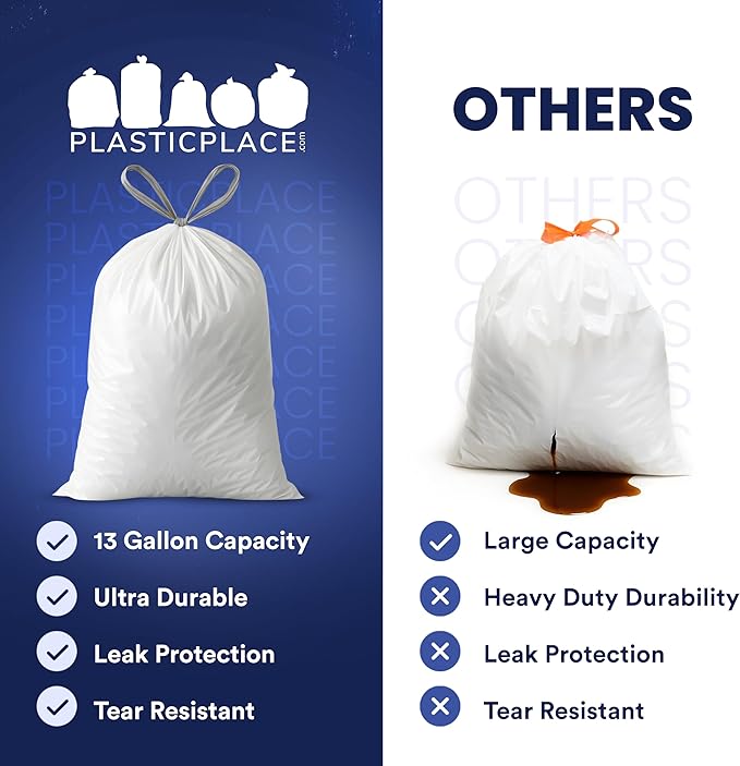 Plasticplace 13 Gallon Trash Bags │ 0.9 Mil │ White Tall Garbage Can Liners │ 24" x 27" (200 Count)