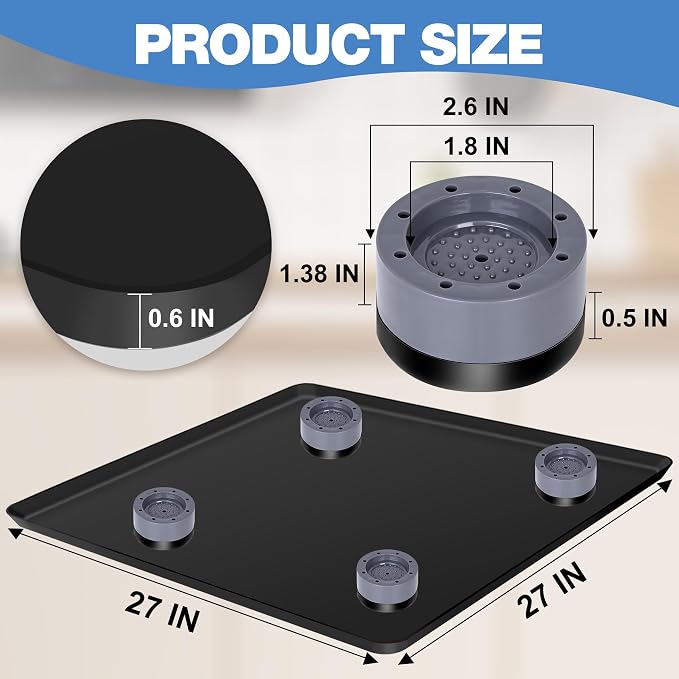 ToLanbbt Mini Fridge Silicone Mat with 4 Base Raisers - 27" x 27" x 0.6" Mini Fridge Drip Tray Under Refrigerator Mat Carpet Floor Protector Leak-Resistant Portable AC Pan for Washing Machine, Black