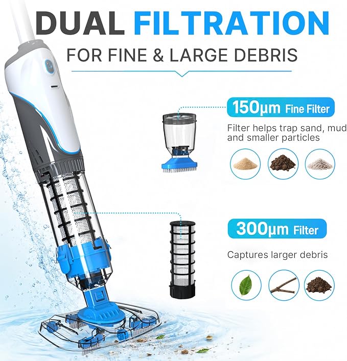 Cordless Pool Spa Vacuum Cleaner Rechargeable Handheld Pool Vacuum with 60-Min Runtime Dual Filtration 3 Cleaning Heads Telescopic Pole for Sand Leaves Hot Tubs Above Ground & Small Pools