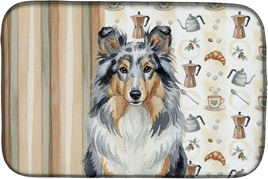 Caroline's Treasures Blue Merle Sheltie Coffee Bar Dish Drying Mat Absorbent Dish Drying Mat Pad for Kitchen Counter Dish Drainer Mat for Countertop, 14 x 21", Multicolor