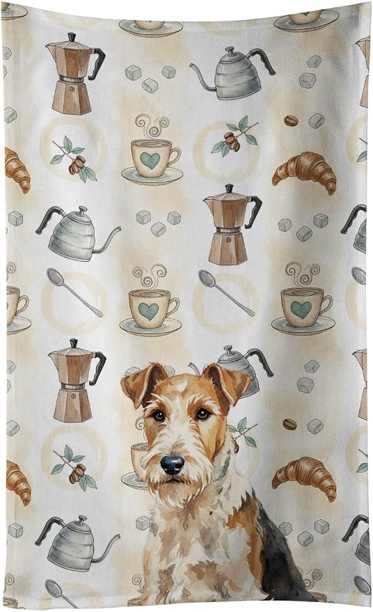 Caroline's Treasures Wire Fox Terrier Coffee Bar Kitchen Towel Velour Plush Front and Cotton Loop Back Machine Washable