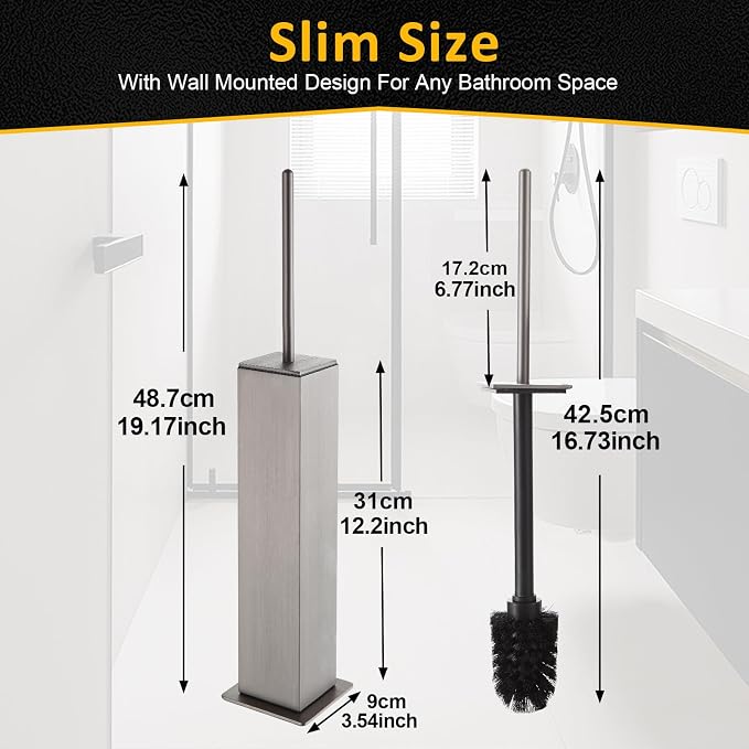 Toilet Brush and Holder Floor Standing, Brushed Nickel with 2 Replaceable Heads, Freestanding Toilet Bowl Brush with Removable Liner and Splash Guard, Modern Square Design