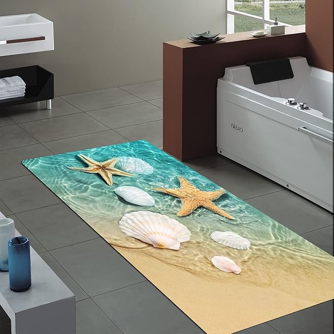 WODEJIA Bathroom Anti-Slip Foam Carpet,Durable Flannel Mat 3D Print Rug for Living Room, Absorbent Water Clearance MatS for Forlaundry Room and Kitchen, Beach Starfish Scallop Carpt 71x24 Inches
