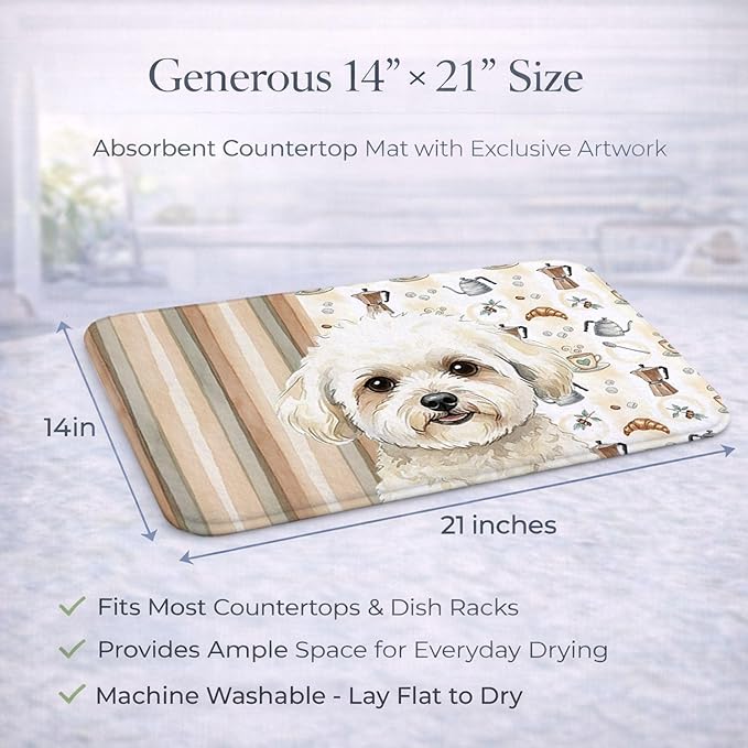 Caroline's Treasures White and Cream Bichon Frise Coffee Bar Dish Drying Mat Absorbent Dish Drying Mat Pad for Kitchen Counter Dish Drainer Mat for Countertop, 14 x 21", Multicolor
