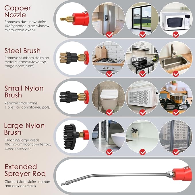 2500W Steam Cleaner, High Pressure High Temperature Steam Cleaning Machine, 1000ml, 3 Bar with 3 Brush Heads (Red)