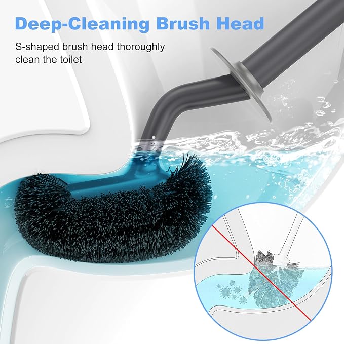 HAMITOR Toilet Bowl Brush Holder Set: Curved Design with Holder for Deep Cleaning Under Rim - Compact Hidden Cleaner Scrubber for Small Space - Home RV Bathroom Accessories - Gray 2 Pack