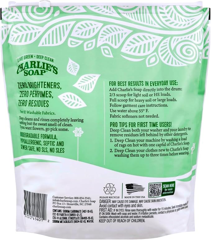 Charlie’s Soap Laundry Essentials Variety Pack – Oxygen Bleach (4 lb) + Laundry Powder Detergent (300 Loads) – Natural Laundry Booster for Stains, Odors & Bright Whites – Fragrance Free,