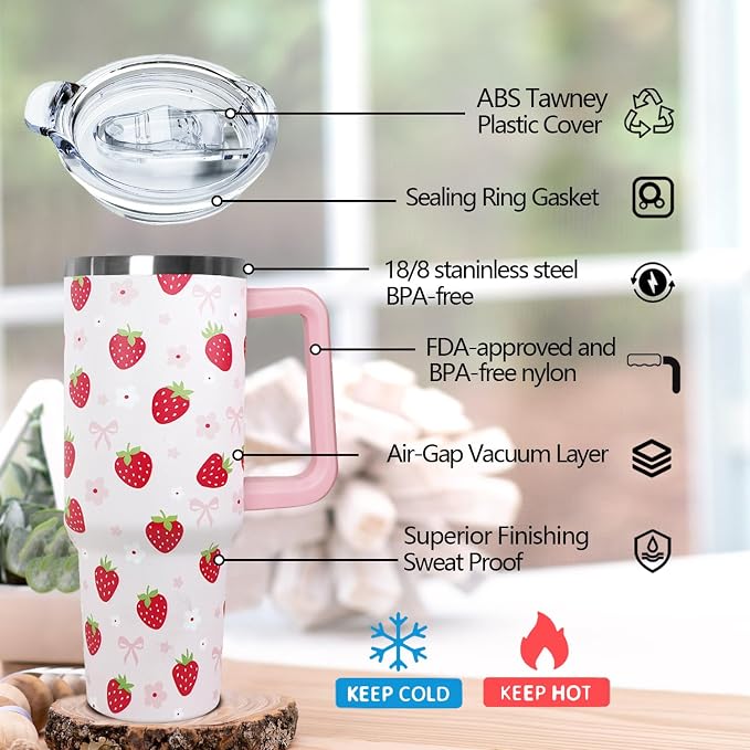 Ceovfoi 40oz Strawberry Tumbler With Handle Lid and Straw,Strawberry Floral Coffee Mug Cup Water Bottles,Strawberry Themed Gifts for Women,Strawberry Decor Stuff Accessories