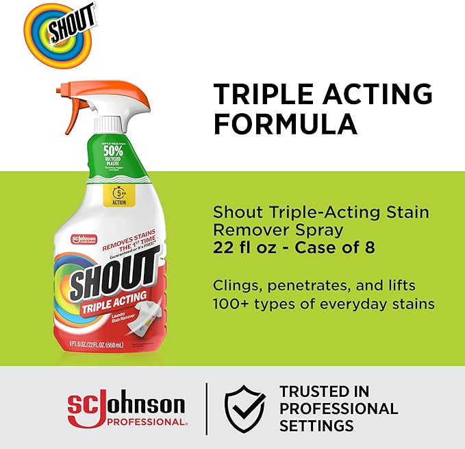 SC Johnson Professional Shout Active Enzyme Laundry Stain Remover Spray 22 fl oz, Pack of 8