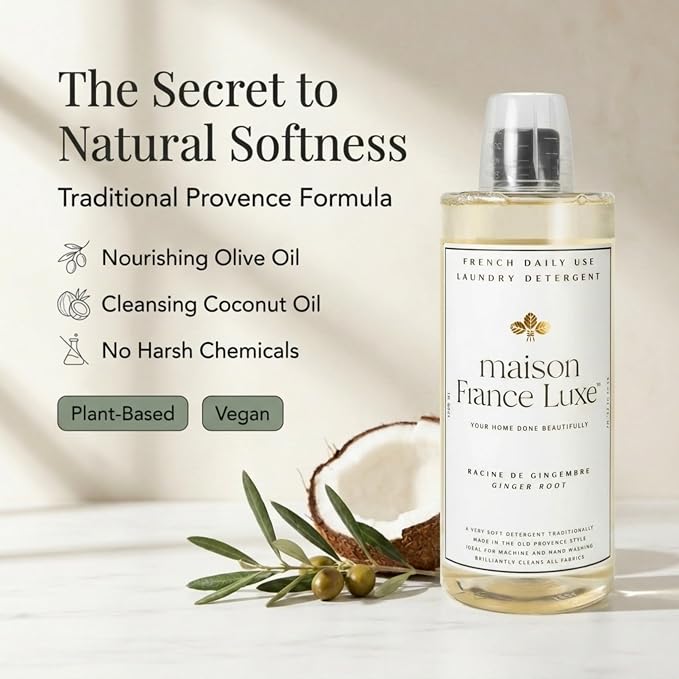 French Laundry Detergent, Plant Based Laundry Soap With Olive Oil and Coconut Oil for Machine or Hand Wash, Daily Use Formula for Colors and Whites, Ginger Root, 34 Fl Oz