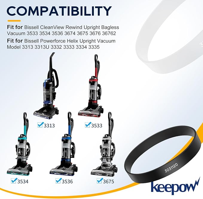 KEEPOW Vacuum Belt and Filter Compatible with Bissell CleanView Rewind Upright Bagless Vacuum Models 3534,3313,3533,3536,3333,3335,3675,3676 Series,4+4 Pack