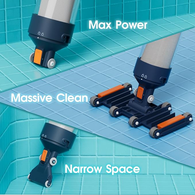 Heavy Duty Handheld Pool Vacuum - 18.9GPM Powerful Suction, 25µm Ultra Fine Mesh Filter for Smaller Debris, 14'' Wide Vacuum Head, 60mins Running Time (Orange)