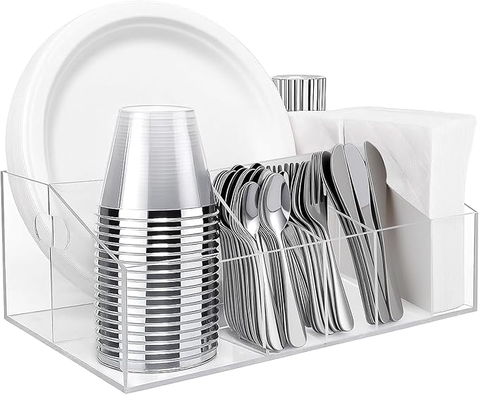 Acrylic Paper Plate Organizer and Dispenser – 6 Compartment Plate and Utensil Caddy for Plates, Cups, Napkins and Cutlery, Ideal for Kitchen, Parties, Picnics, Weddings, and Outdoor Events