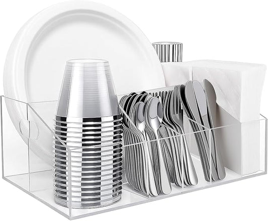 Acrylic Paper Plate Organizer and Dispenser – 6 Compartment Plate and Utensil Caddy for Plates, Cups, Napkins and Cutlery, Ideal for Kitchen, Parties, Picnics, Weddings, and Outdoor Events