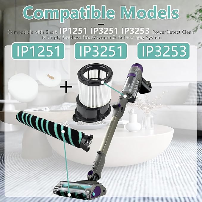 Replacement Accessories Compatible with Shark IP3251 IP1251 IP3253 Cordless Vacuum Cleaner (1 roller brush + 2 filters + 6 filter pads)