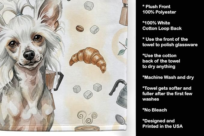 Caroline's Treasures Hairless Mottled Pattern Chinese Crested Coffee Bar Kitchen Towel Velour Plush Front and Cotton Loop Back Machine Washable