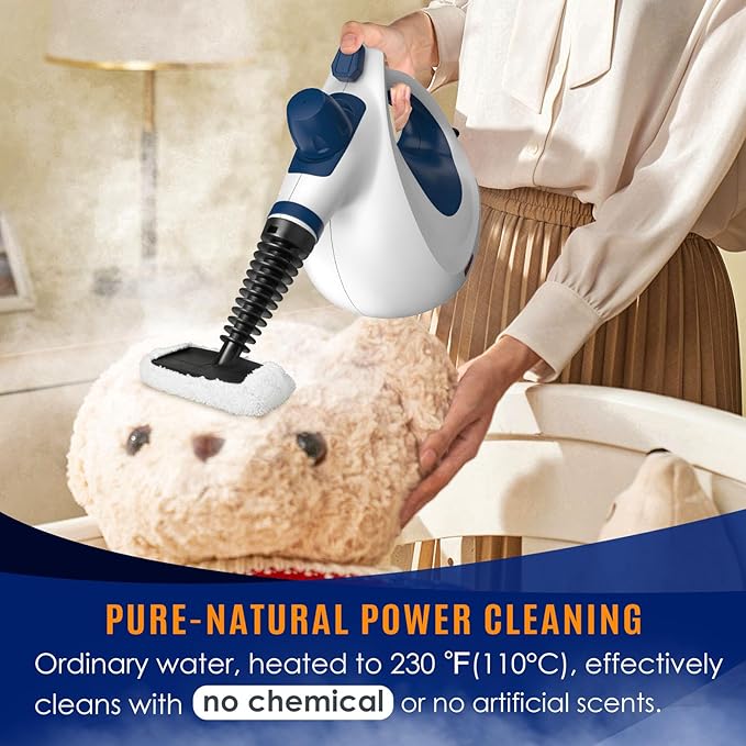 Pressurized Handheld Multi-Surface Natural Steam Cleaner with 12 pcs Accessories, Multi-Purpose Steamer for Home Use, Steamer for Cleaning Floor, Upholstery, Grout and Car (Grey) (White&Blue)