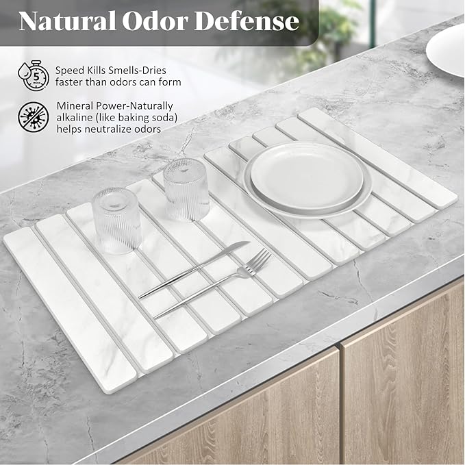 2 PCS Extra Large Stone Dish Drying Mats for Kitchen Counter, 28"(L)×16"(W) Marble-Pattern Dish Drying Mat with 8"x 4" Coasters, Eco-Friendly Diatomite Dish Drying Mat - Fits All Countertops