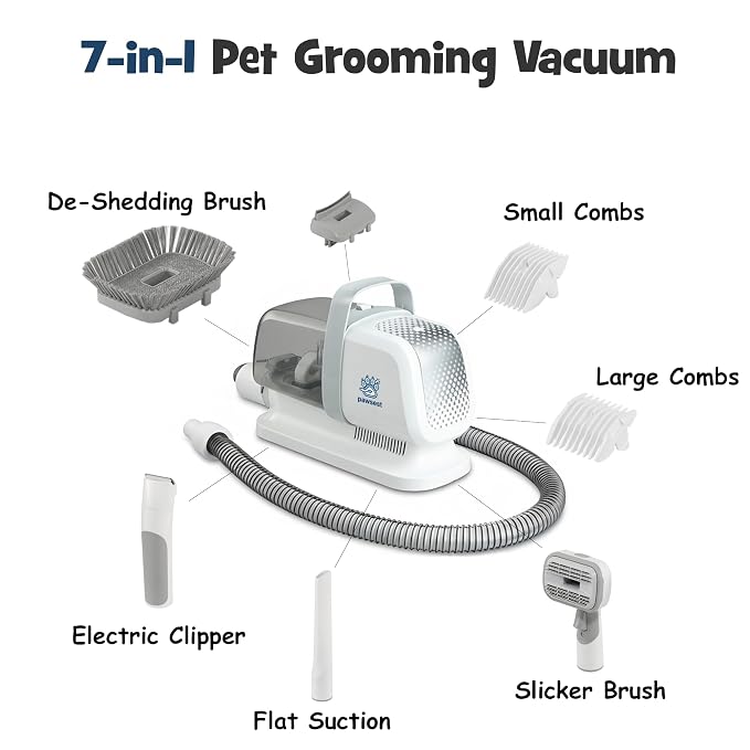 Dog Grooming Vacuum - Pet Hair Trimmer, Dog Hair Clippers with 7 Attachments - All-in-One Pet Grooming Kit with 3-Level Suction and Speed Settings with Temperature Control Protection