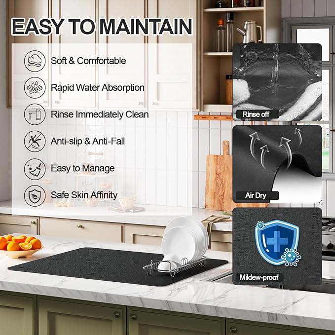 Ecotrim - Dish Drying Mat for Kitchen Counter | Coffee Bar Mat for Countertops | Heat Resistant Drainer Mat with Non-slip Rubber Backed | Hide Stain Kitchen Absorbent Draining Mat | Black 18"x28"