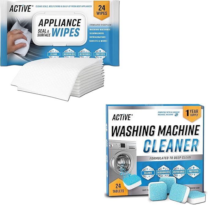 ACTIVE Washing Machine Cleaner and Appliance Cleaning Wipes - Includes 24pk Washer Cleaner Tablets and 24ct Appliance Surface Wipes