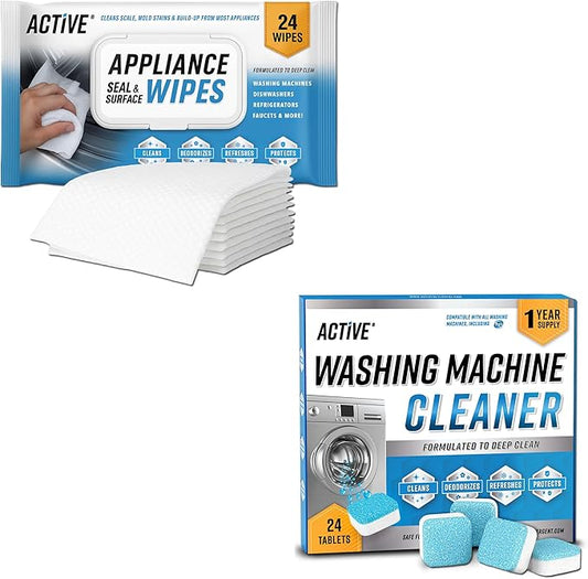 ACTIVE Washing Machine Cleaner and Appliance Cleaning Wipes - Includes 24pk Washer Cleaner Tablets and 24ct Appliance Surface Wipes