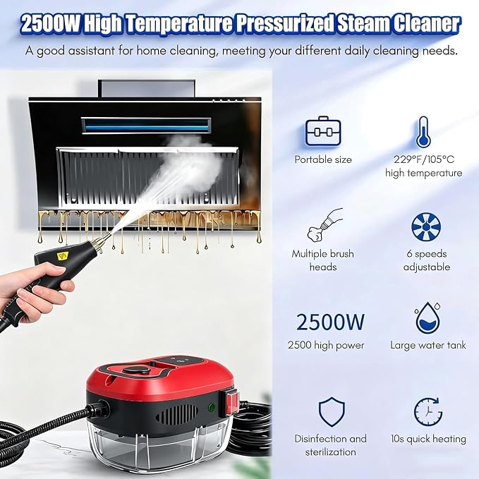 Handheld Steam Cleaner, 2500W Portable Steamer 10-Second Heat Up, 6 Adjustable Steam Levels & 36oz Tank – Includes Attachments for Floors, Windows(Red-Dual Control (Upgraded Touch Control))