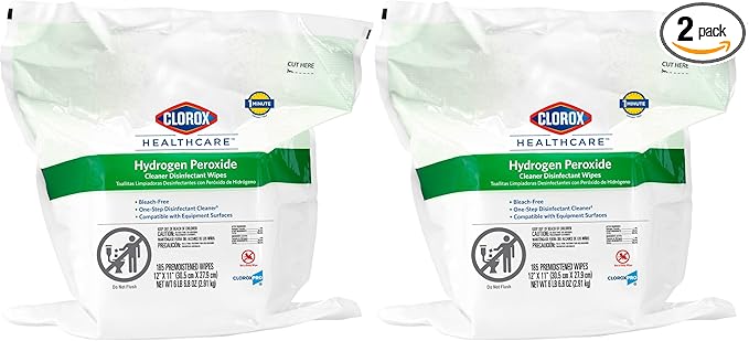 Clorox Healthcare Hydrogen Peroxide Cleaner Disinfectant Wipes, 12" x 11", Refill for Bucket, 185 Count, Pack of 2 (Package May Vary)