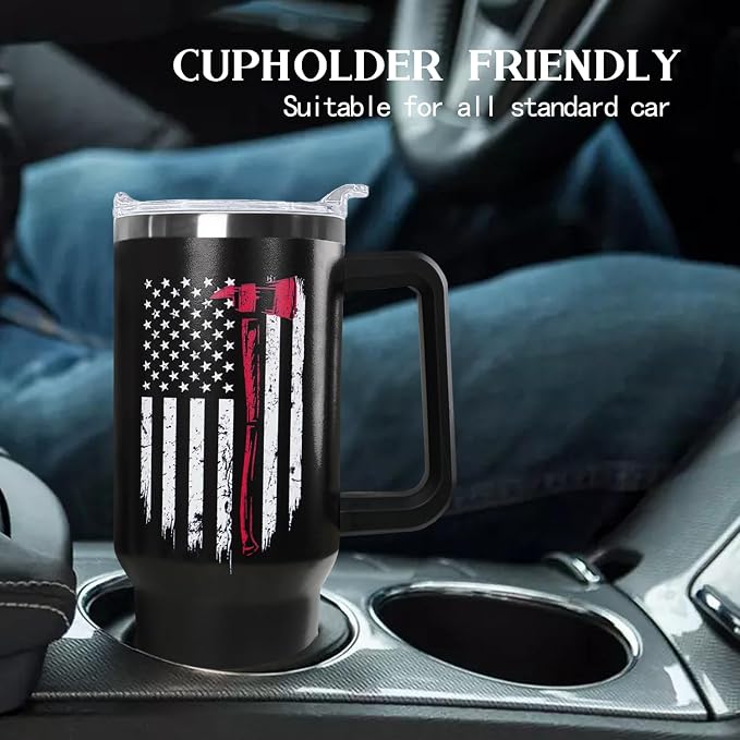 Ceovfoi Firefighter Gifts for Men,40 oz American Flag Tumbler with Handle Lid and Straw Stainless Steel Cups Mug, Firefighter Stuff Supplies Accessories