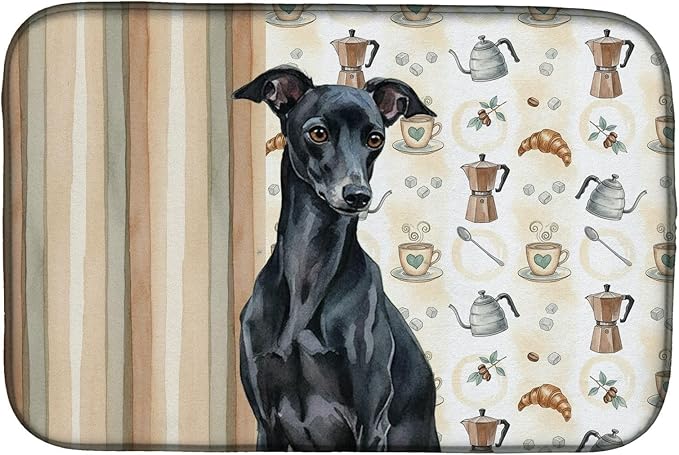 Caroline's Treasures Black Italian Greyhound Coffee Bar Dish Drying Mat Absorbent Dish Drying Mat Pad for Kitchen Counter Dish Drainer Mat for Countertop, 14 x 21", Multicolor