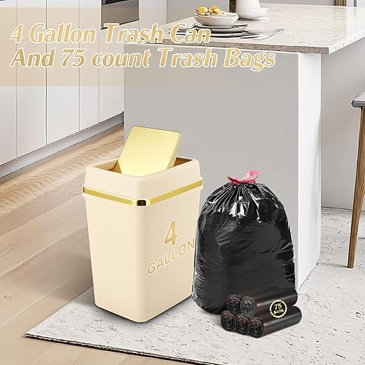 Bathroom Trash Can with Lid 4 Gallon Trash Can with Swing Lid Beige Small Garbage Can Bathroom Garbage Can with 300 Counts Trash Bags for Kitchen Bedroom Office