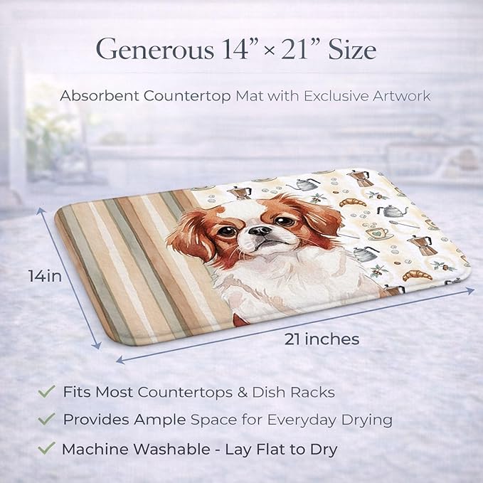 Caroline's Treasures Red and White Japanese Chin Coffee Bar Dish Drying Mat Absorbent Dish Drying Mat Pad for Kitchen Counter Dish Drainer Mat for Countertop, 14 x 21", Multicolor