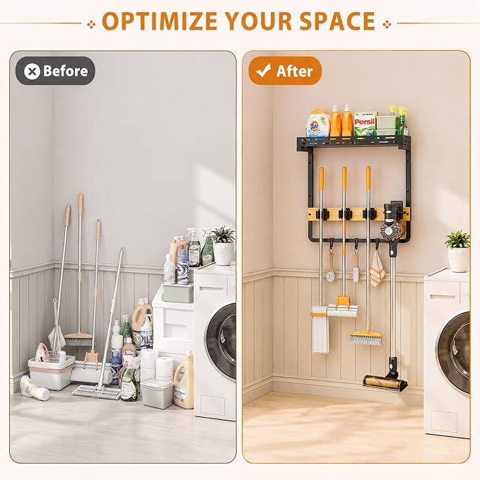 Broom Holder Wall Mount with Shelf, Small Mop Tool Organizer | 3 grippers, 3 hooks, vacuum slot, bamboo board, spray bottle tray, garage utility use