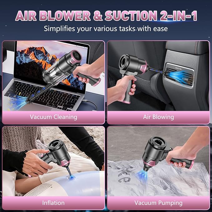 KMM Handheld Car Vacuum Cleaner, 16000PA Air Duster & Vacuum Cleaner, 120W High Power Hand Held Vacuum Cordless, Portable Vacuum Rechargeable with Multi-Nozzles & LED Light for Car, Home, Pet, Office