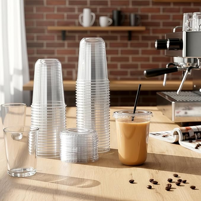 Ziliny 50 Set Clear Plastic Cups with Lids and Straws, Disposable Iced Coffee PET Cups for Drinking Cold Beverage Juice Parfait Smoothie Milkshake Coffee Shops Party Supplies (16 oz)