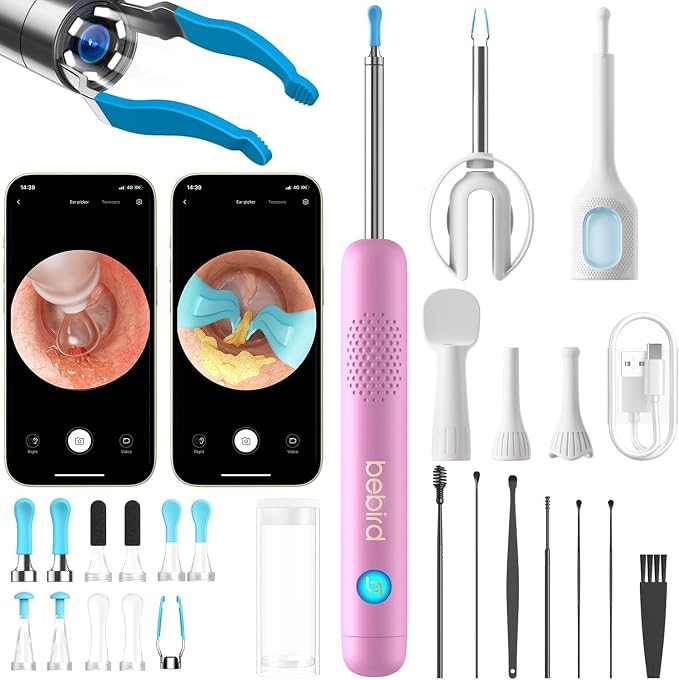 BEBIRD R1 Ultra Ear Wax Removal, Ear Cleaner with Camera Ear Scope, Wax Remove Ear Pick with Ear Otoscope Tweezers, Visual Dropper Cleaning Kit, Ear/Nose/Throat Examination Tool for Family, Pink