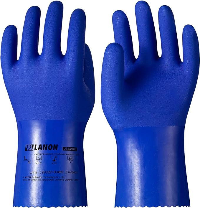 LANON PVC Chemical Resistant Gloves, Heavy-Duty Rubber Gloves, Acid, Alkali and Oil Protection, Non-Slip, Blue, Large