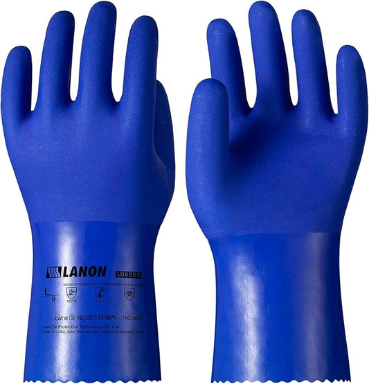 LANON PVC Chemical Resistant Gloves, Heavy-Duty Rubber Gloves, Acid, Alkali and Oil Protection, Non-Slip, Blue, XXL