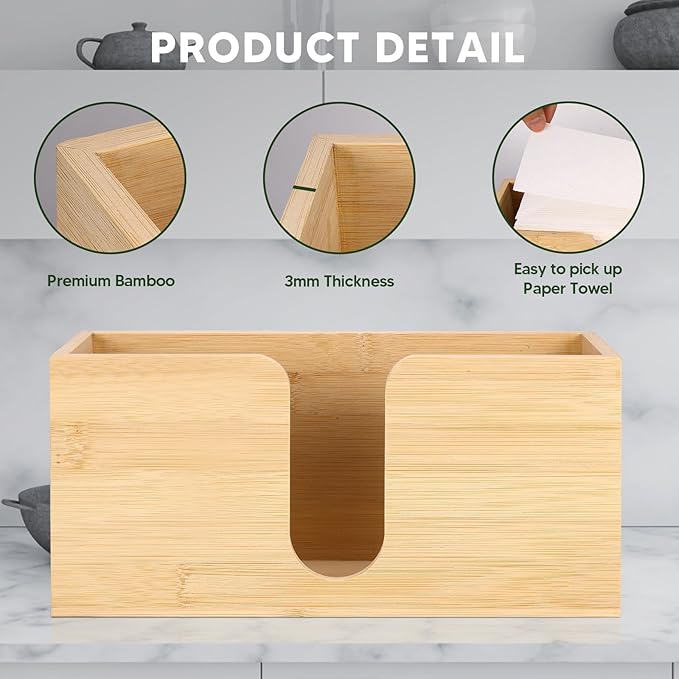 2Pack Bamboo Countertop Paper Towel Dispenser, Folded Paper Towel Dispenser Clear Trifold Napkin Holder, Suitable for Z-fold, C-fold or MultiFold Trifold Paper Towels for Bathroom Toilet and Kitchen