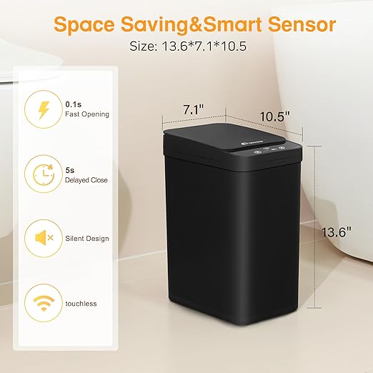 4 Gallon Bathroom Smart Touchless Trash Can for Kitchen Automatic Motion Sensor Rubbish Can with Lid Waterproof Narrow Small Garbage Bin for Kitchen, Toilet, Bedroom, RV(Black,Battery)