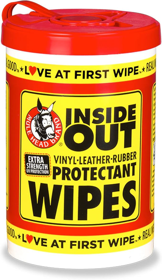 Mule Head Inside Out Protectant Wipes – Automotive Interior & Exterior Cleaner for Vinyl, Leather, Rubber & Trim, UV Protection, Non-Greasy, 72 Count, 10" x 12"