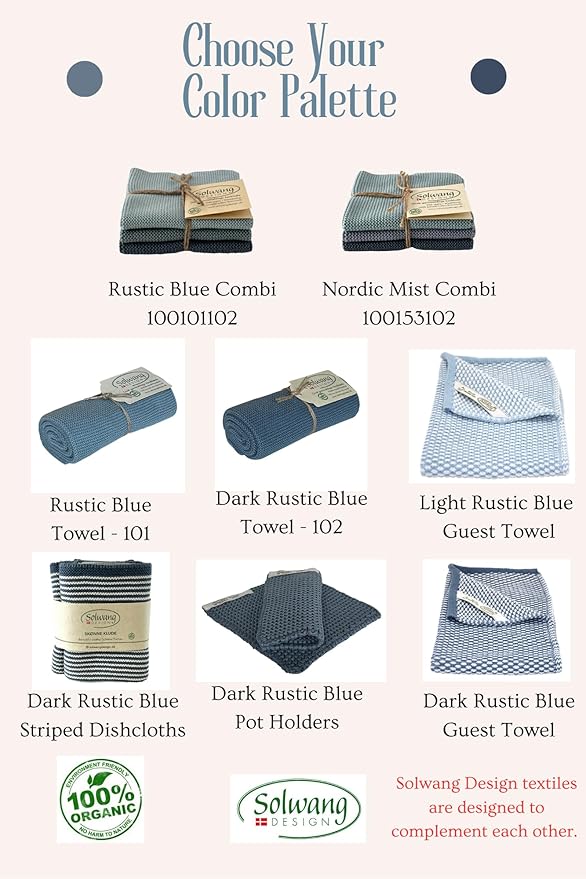 Solwang 3-Piece Danish Cotton Dishcloths in 100% Certified Organic Cotton Made in India (Rustic Blue Organic Combi)