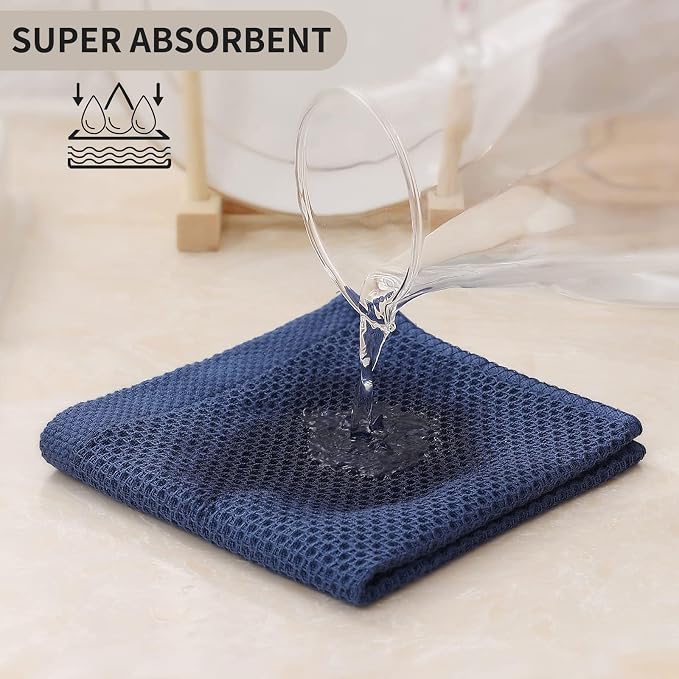 Kitinjoy 100% Cotton Kitchen Dish Cloths (12 X 12 Inches, Navy Blue), 8 Pack Waffle Weave Ultra Soft Absorbent Dish Towels for Drying Dishes Quick Drying Kitchen Towels Dish Rags