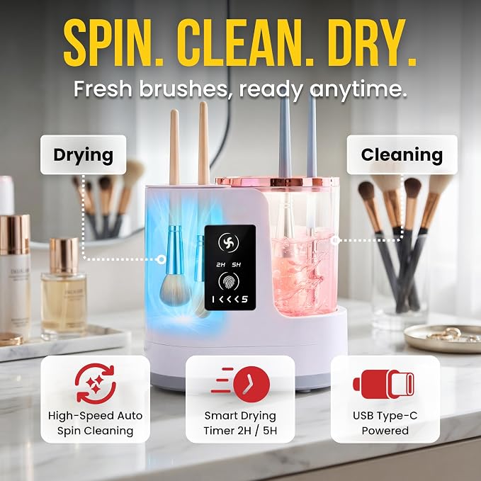 Electric Makeup Brush Cleaner & Dryer Machine – Automatic Deep Cleaning & Smart Drying, Portable One-Button Makeup Brush Cleaner for All Brush Sizes, Gift for Makeup Lovers